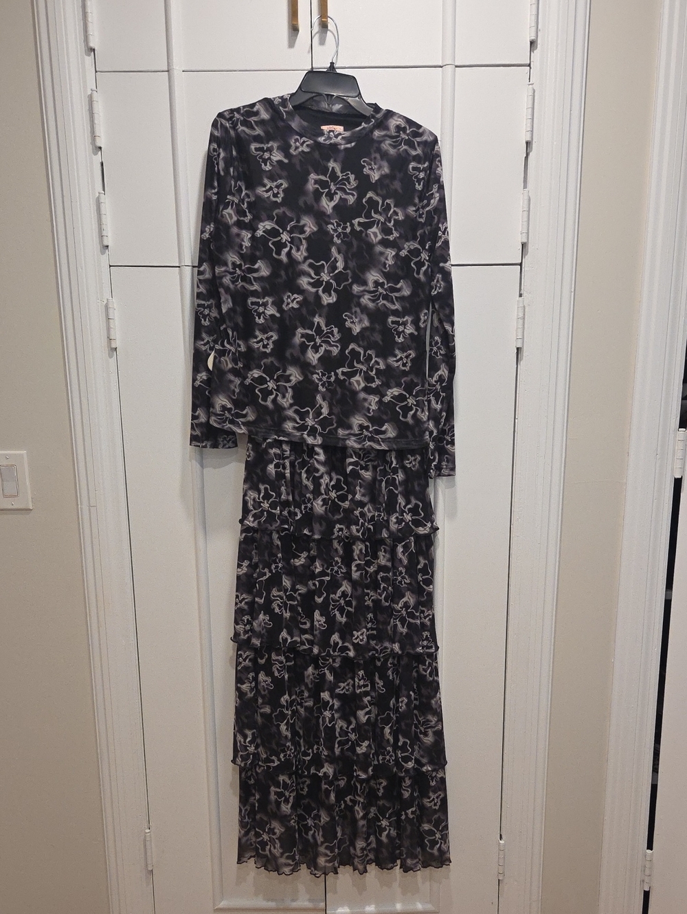 Long Sleeve Floral Mesh Top And Matching Tiered Mesh Maxi Skirt Black/Gray/White